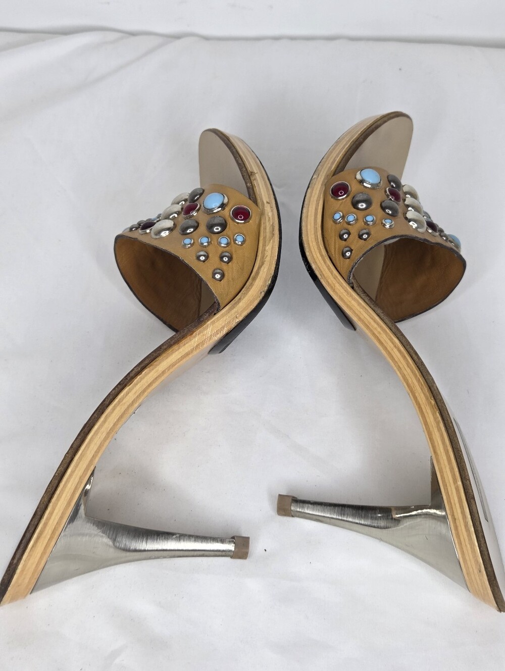 Mario Bologna Size 40 Studded Tan Slide Mules with Multicolor Gem Accents - Picture 12 of 14